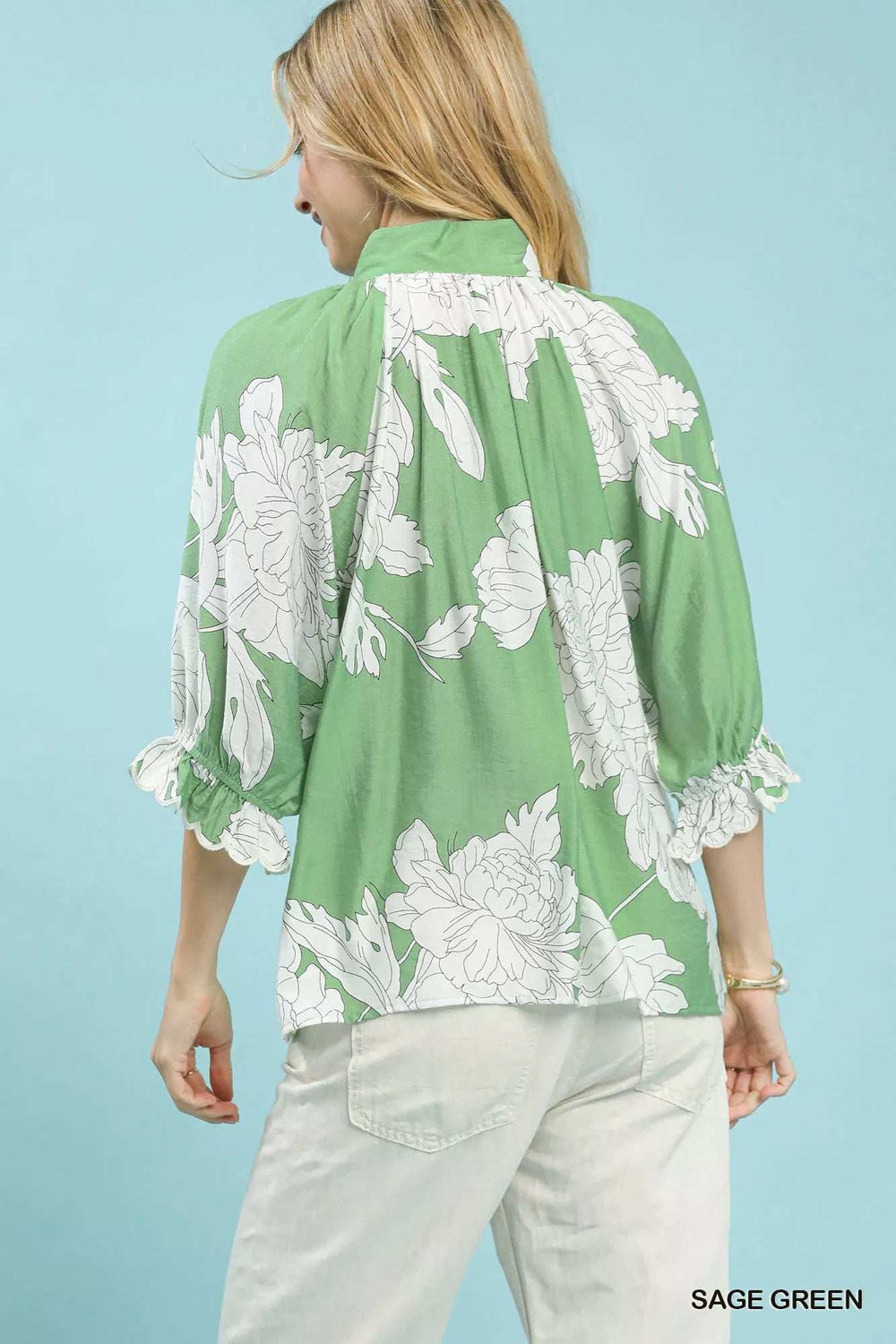 Umgee Peony Illustration Print Flounce Sleeve Blouse - Trendsi - Flyclothing LLC