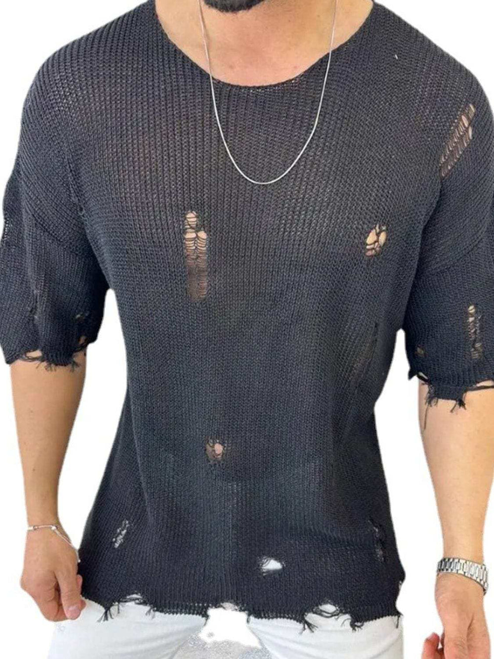 Men's Distressed Round Neck Knit Top - Trendsi - Flyclothing LLC