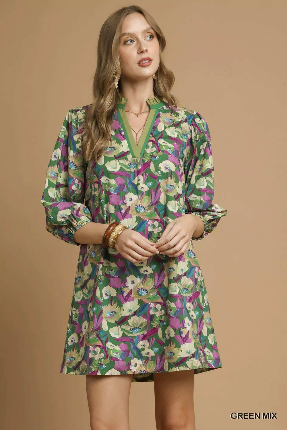 Umgee Boho Floral Balloon Sleeve Mini Dress - Trendsi - Flyclothing LLC