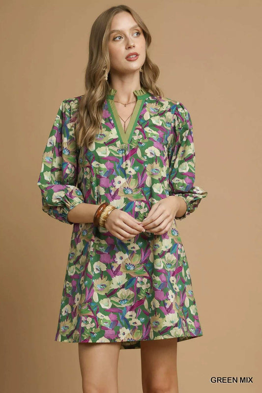 Umgee Boho Floral Balloon Sleeve Mini Dress - Trendsi - Flyclothing LLC