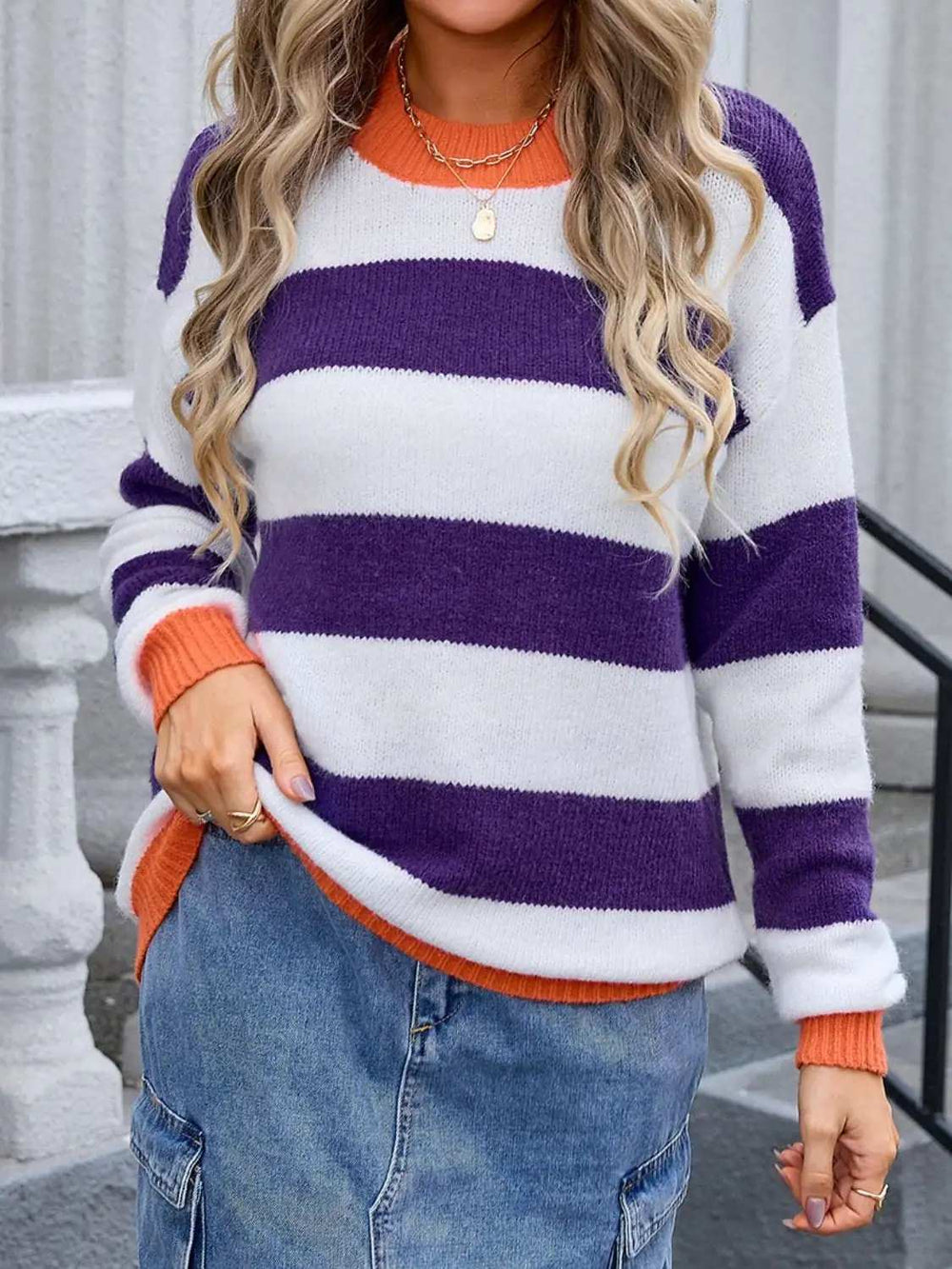 Contrast Striped Round Neck Sweater - Trendsi - Flyclothing LLC