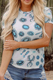 Western Turquoise Printed Crewneck Slim Fit Tee - Trendsi - Flyclothing LLC