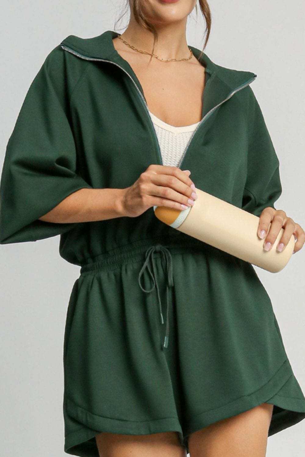 Drawstring Half Zip Long Sleeve Romper - Trendsi - Flyclothing LLC