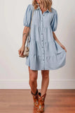 Button Up Puff Sleeve Tiered Shirt Dress - Trendsi - Flyclothing LLC