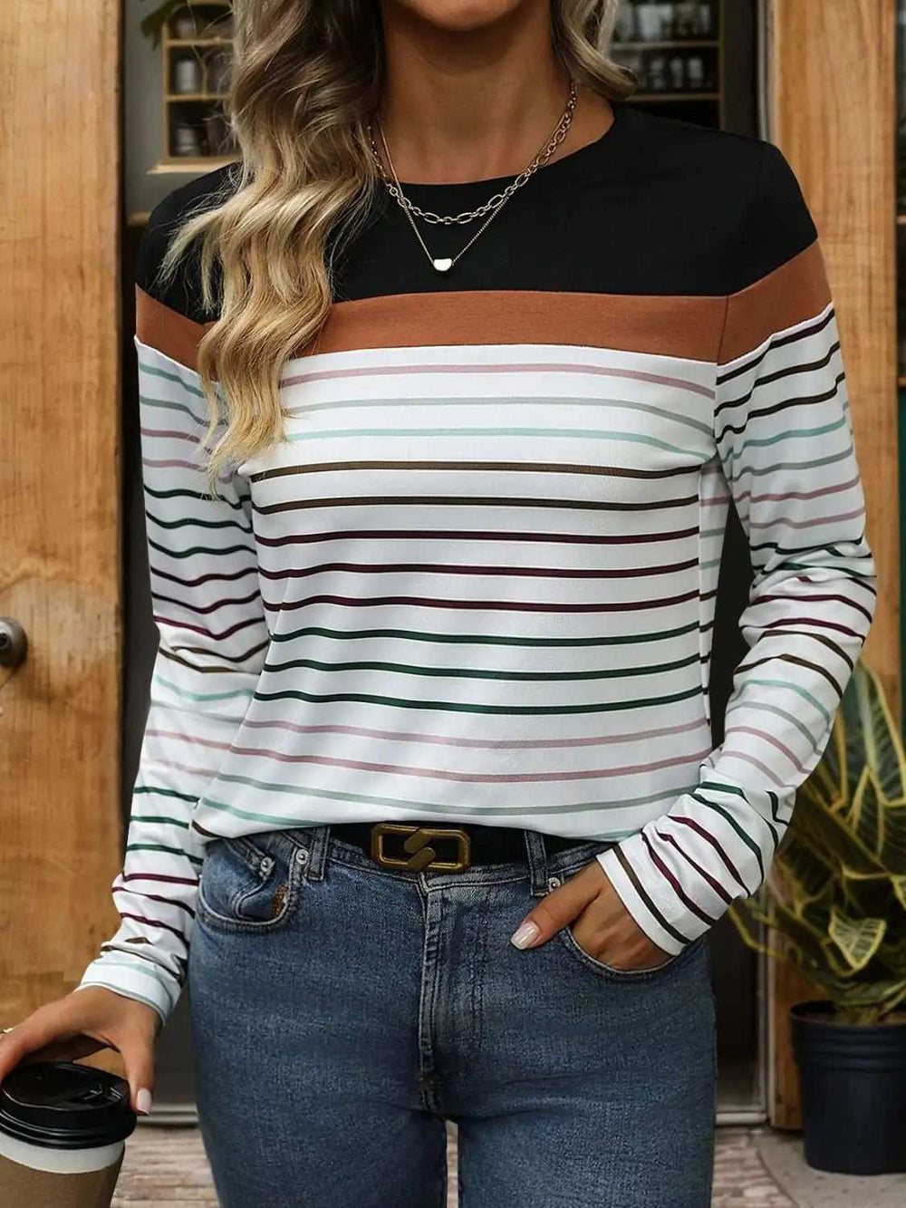 Striped Round Neck Long Sleeve T-Shirt - Trendsi - Flyclothing LLC
