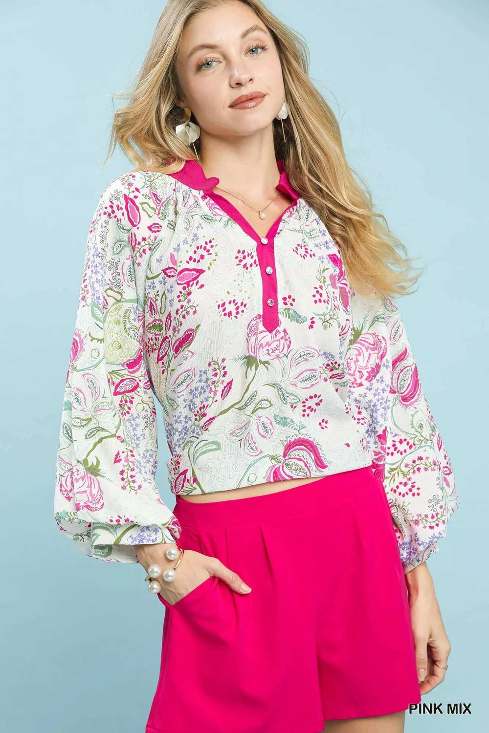 Umgee Paisley Floral Contrast Trim Blouse - Trendsi - Flyclothing LLC