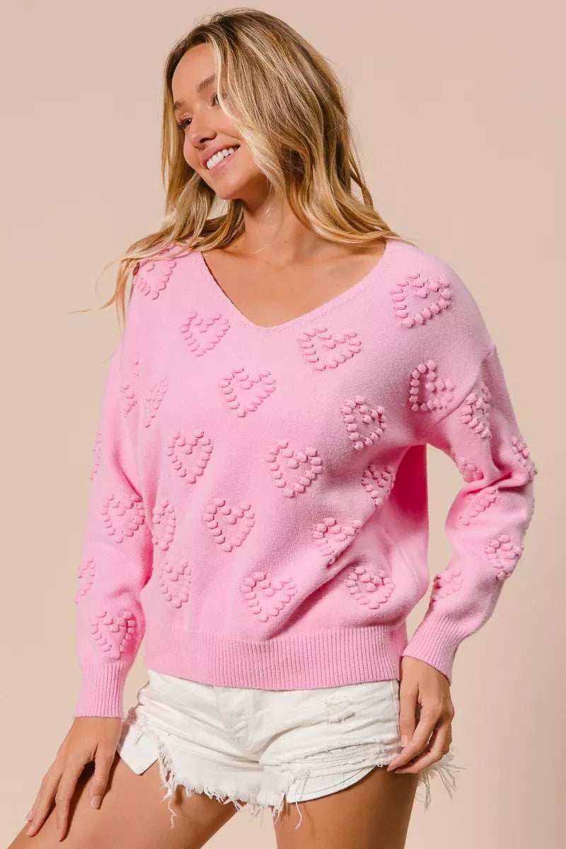 BiBi Valentines Heart Pompom V Neck Knit Top - Trendsi - Flyclothing LLC