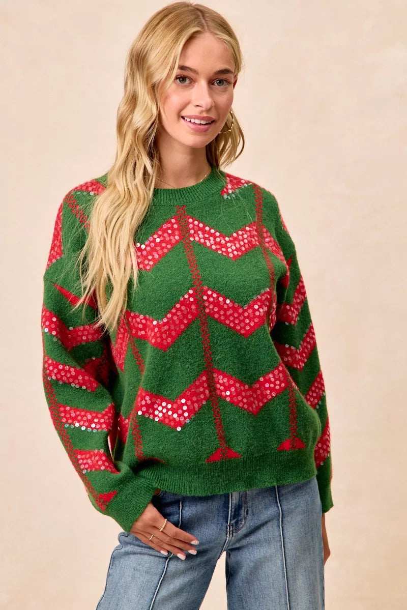 BiBi Christmas Theme Chevron Sequins Detail Sweater - Trendsi - Flyclothing LLC