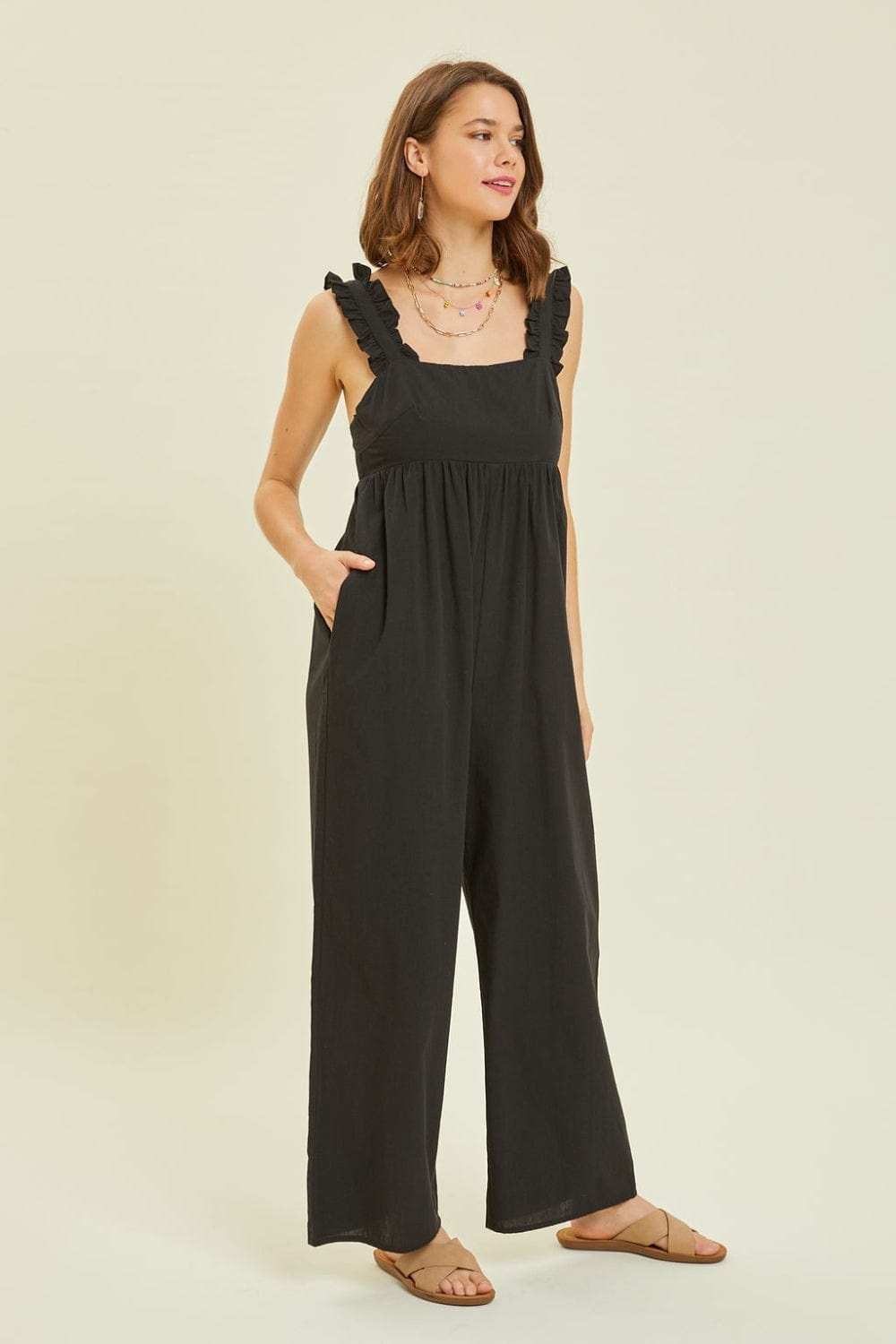 HEYSON Full Size Ruffled Strap Back Tie Wide Leg Jumpsuit - Trendsi - Flyclothing LLC