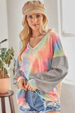 BiBi V Neck Tie Dye French Terry Top with Shiny - Trendsi - Flyclothing LLC