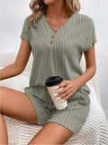Ribbed V-Neck Top and Shorts Set - Trendsi - Flyclothing LLC