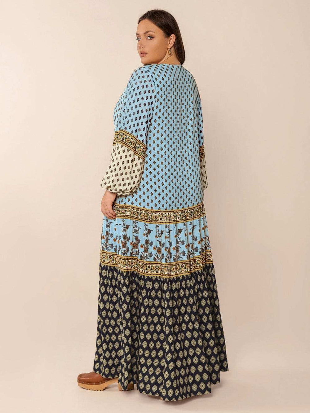 Plus Size Printed V-Neck Balloon Sleeve Maxi Dress - Trendsi - Flyclothing LLC