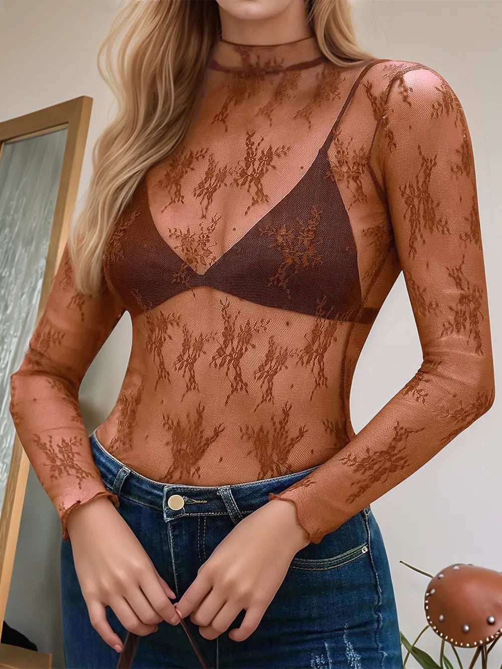 Floral Mock Neck Long Sleeve Mesh Top - Trendsi - Flyclothing LLC
