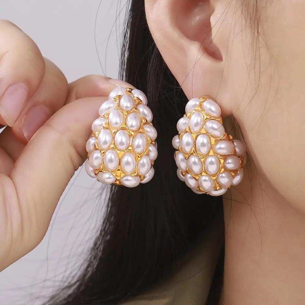 Titanium Steel Inlaid Imitation Pearl Earrings - Trendsi - Flyclothing LLC