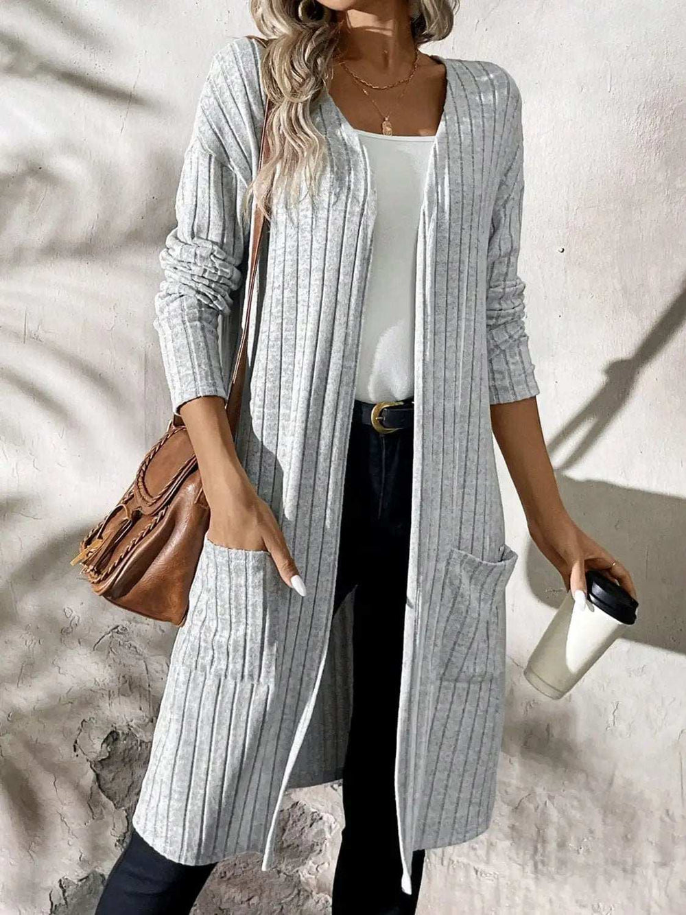Ribbed Open Front Long Sleeve Cardigan with Pockets - Trendsi - Flyclothing LLC
