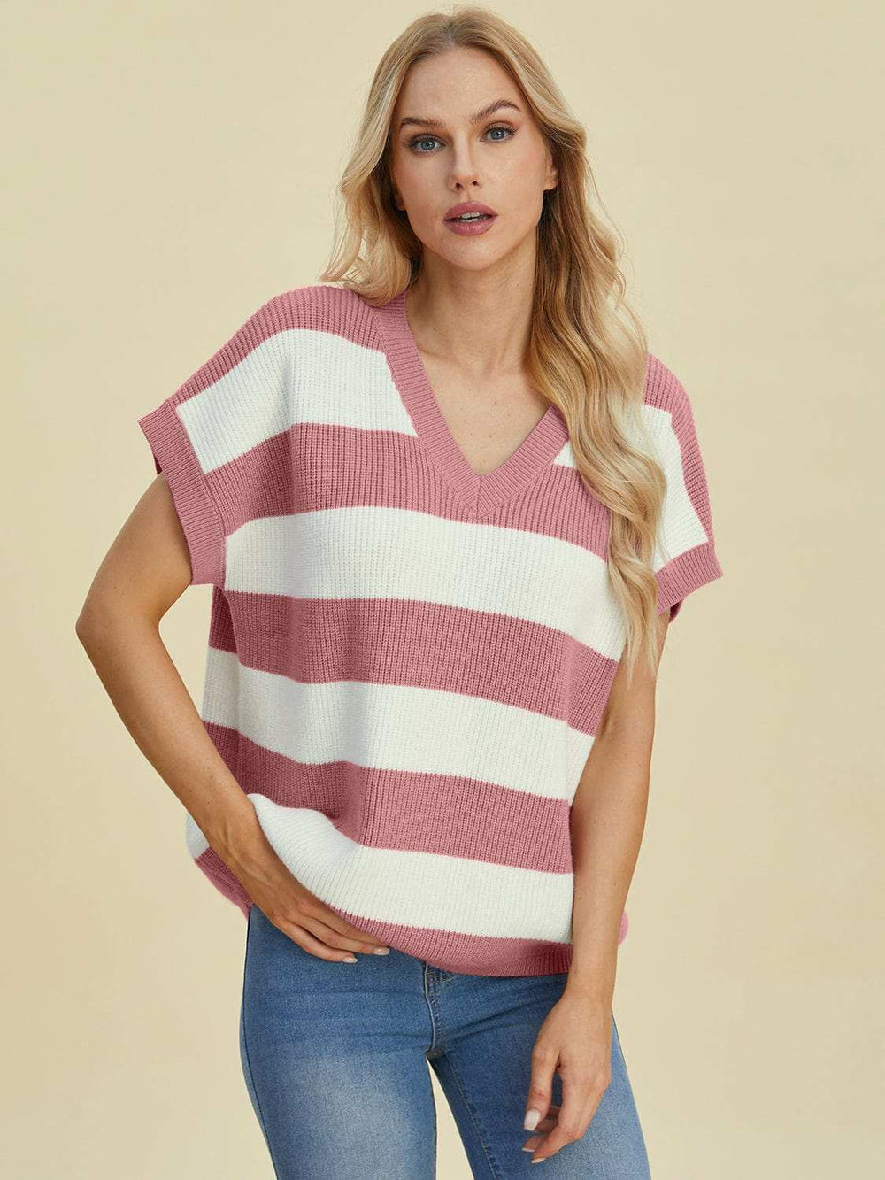 Double Take Full Size Striped V-Neck Short Sleeve Sweater - Trendsi - Flyclothing LLC