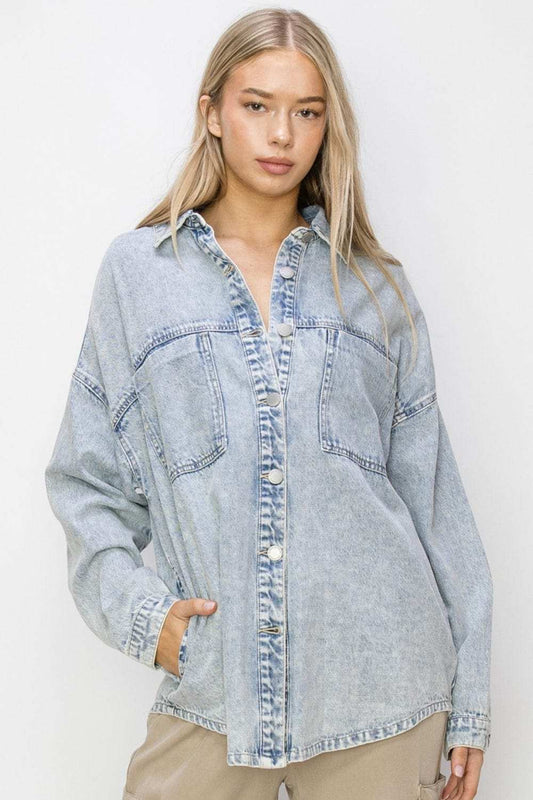 RISEN Button Up Long Sleeve Shacket - Trendsi - Flyclothing LLC