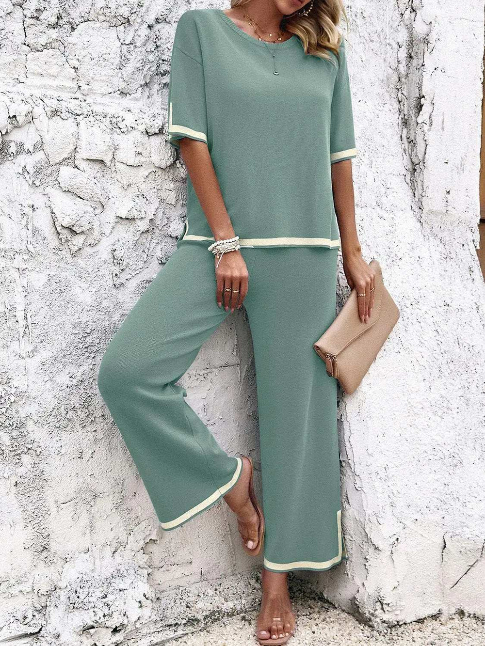 Contrast Trim Round Neck Top and Pants Set - Trendsi - Flyclothing LLC