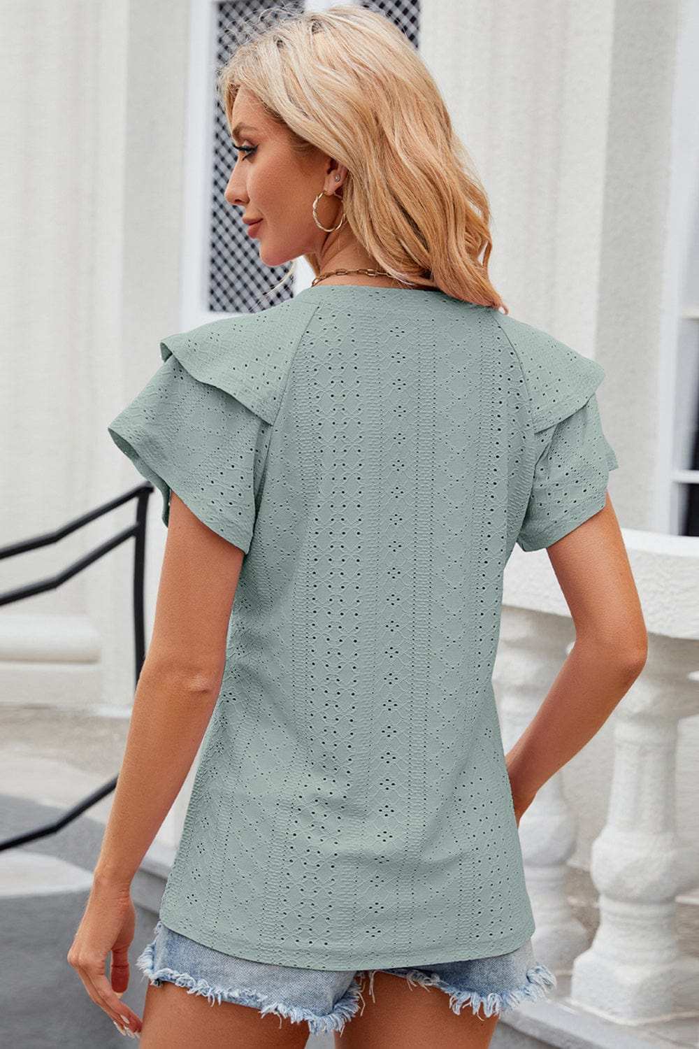 Eyelet Notched Flutter Sleeve T-Shirt - Trendsi - Flyclothing LLC