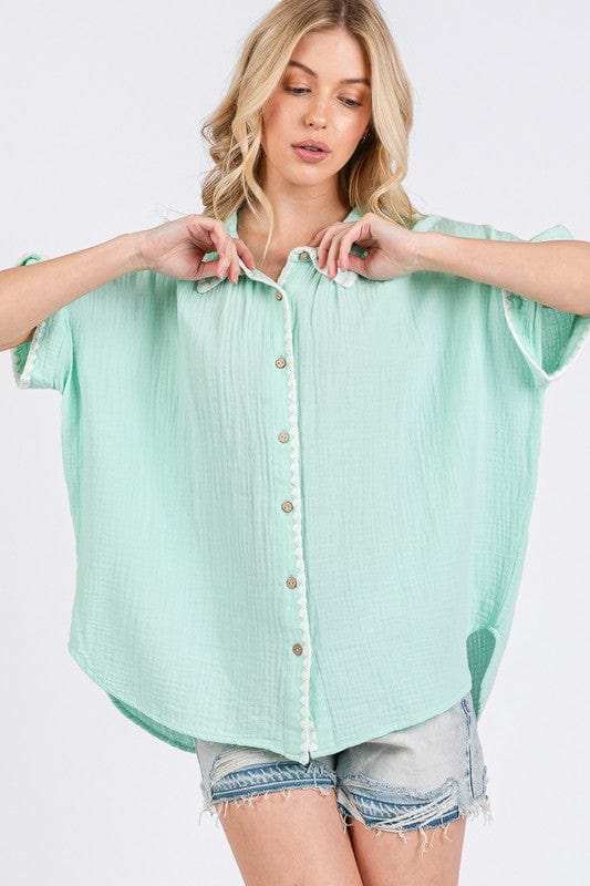 SAGE+FIG Boho Contrast Zigzag Trim Gauze Button-Up Shirt - Trendsi - Flyclothing LLC