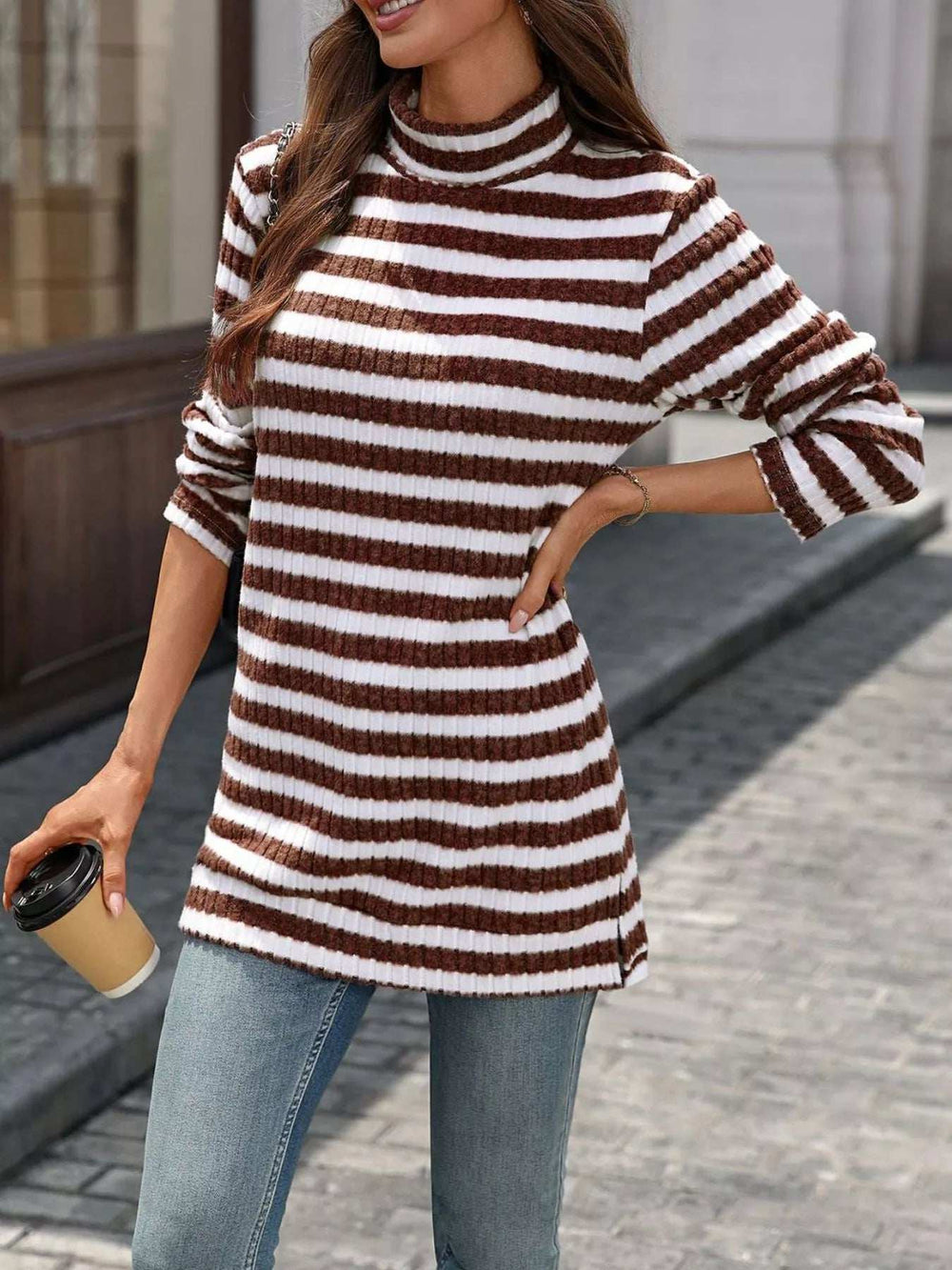 Striped Turtleneck Long Sleeve Knit Top - Trendsi - Flyclothing LLC