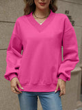 V-Neck Long Sleeve Dropped Shoulder Sweatshirt - Trendsi - Flyclothing LLC