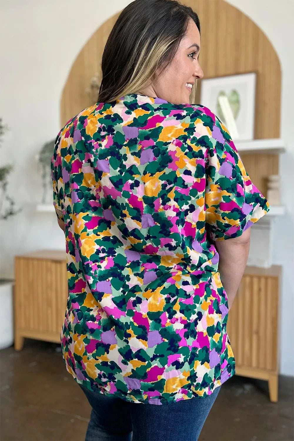 Double Take Full Size Printed V-Neck Short Sleeve Side Slit Top - Trendsi - Flyclothing LLC