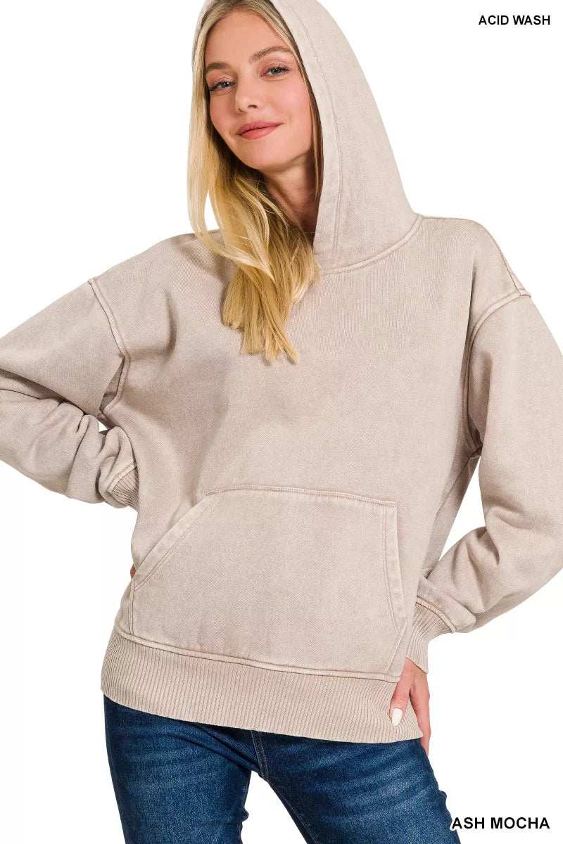 Zenana Fleece Acid Wash Kangaroo Pocket Hoodie - Trendsi - Flyclothing LLC