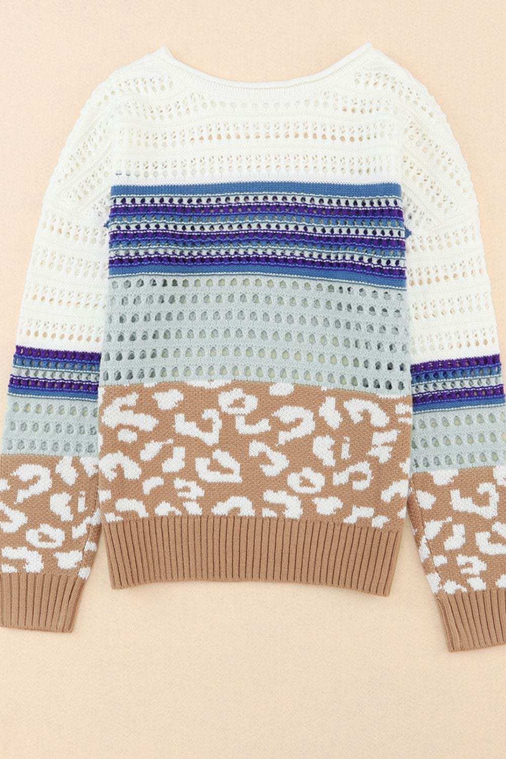 Leopard Striped Round Neck Crochet Knit Top - Trendsi - Flyclothing LLC