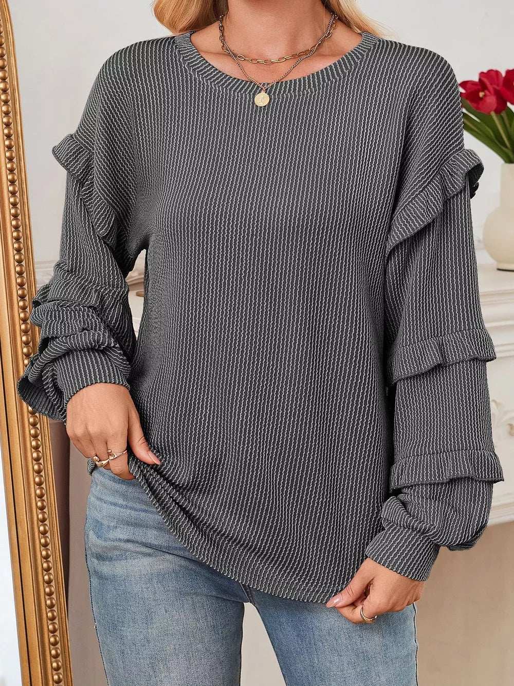 Round Neck Ruffled Long Sleeve Sweatshirt - Trendsi - Flyclothing LLC