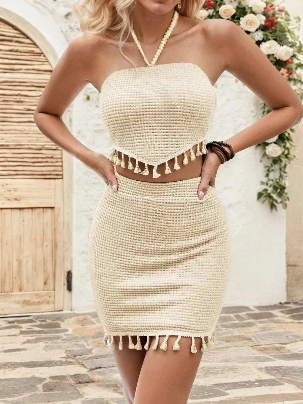 Waffle-Knit Halter Neck Top and Skirt Set - Trendsi - Flyclothing LLC