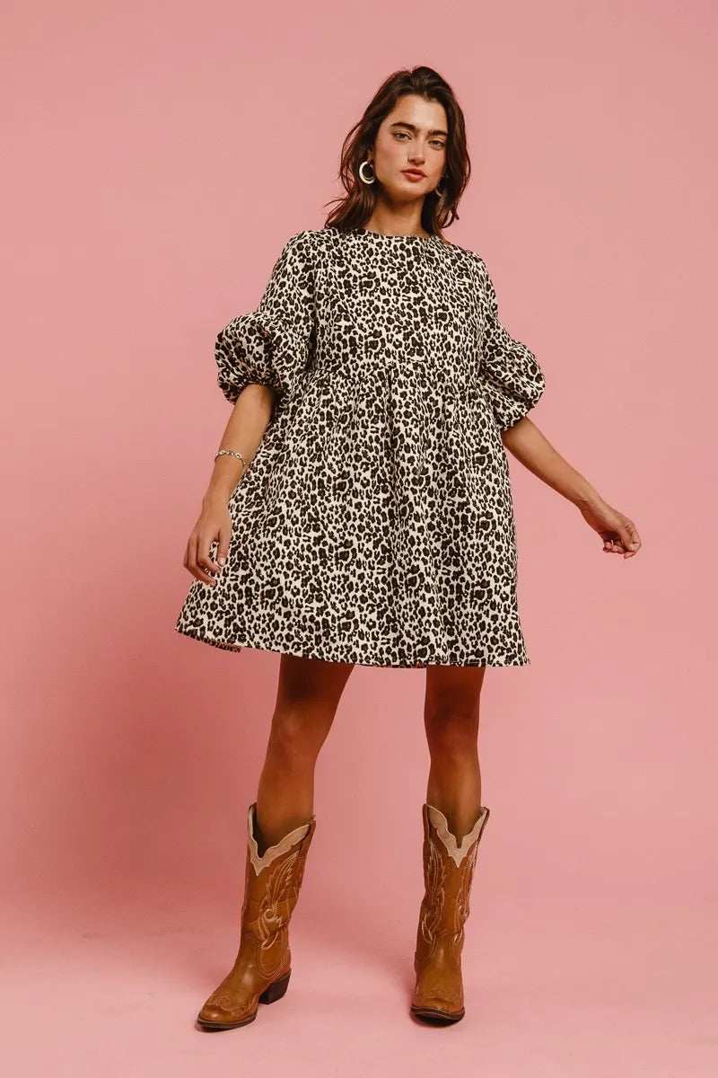 BiBi Leopard Denim Dress With Back Contrast Tie Detail - Trendsi - Flyclothing LLC