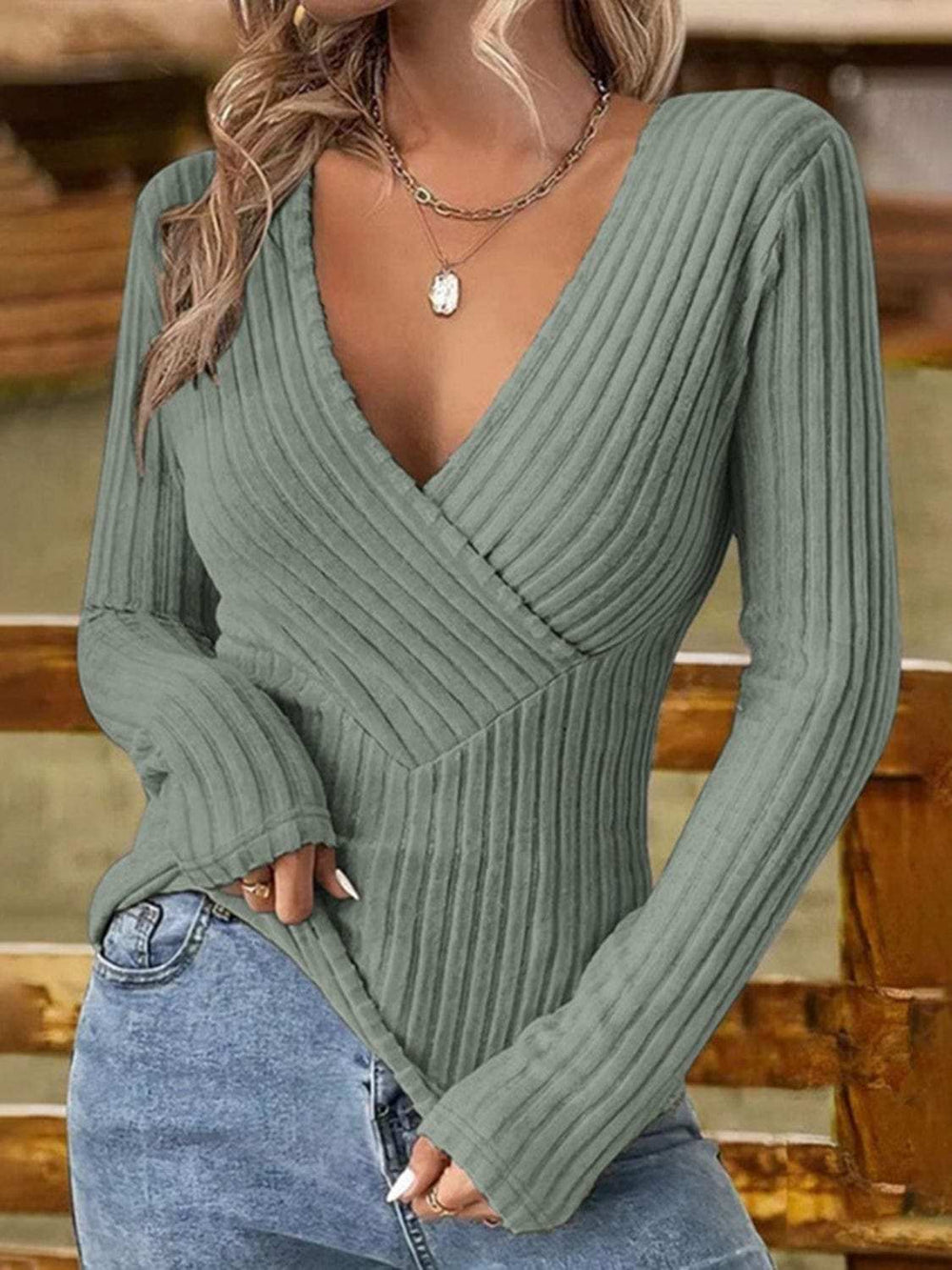 Ribbed Surplice Long Sleeve T-Shirt - Trendsi - Flyclothing LLC