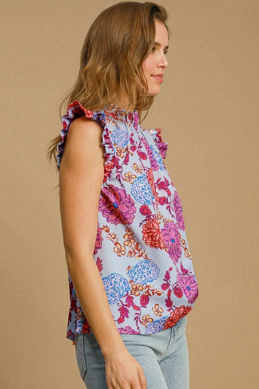 Umgee Full Size Floral Print Ruffled Cap Sleeve Blouse Plus Size - Trendsi - Flyclothing LLC