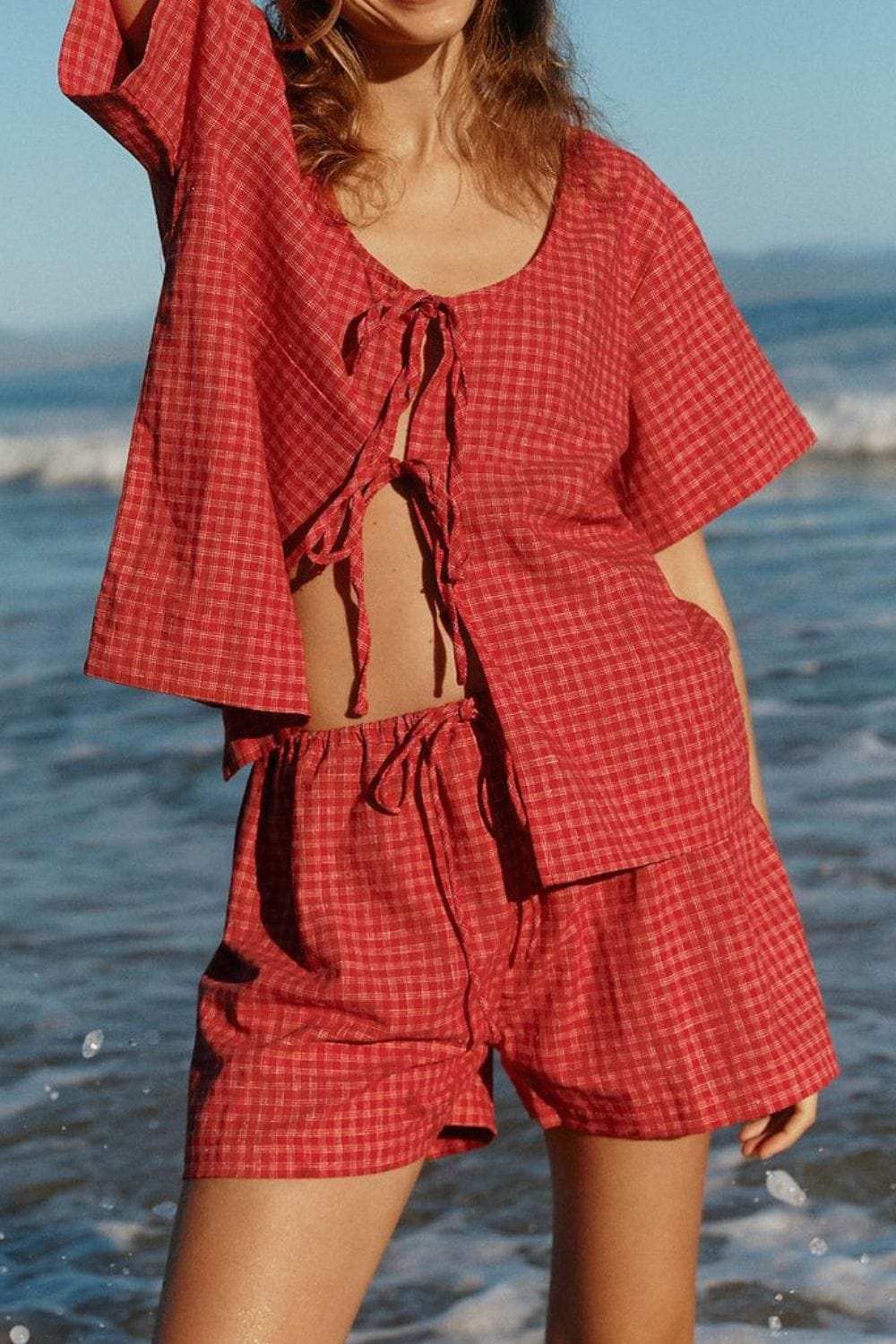 Plaid Tied Scoop Neck Short Sleeve Top and Drawstring Shorts Set - Trendsi - Flyclothing LLC