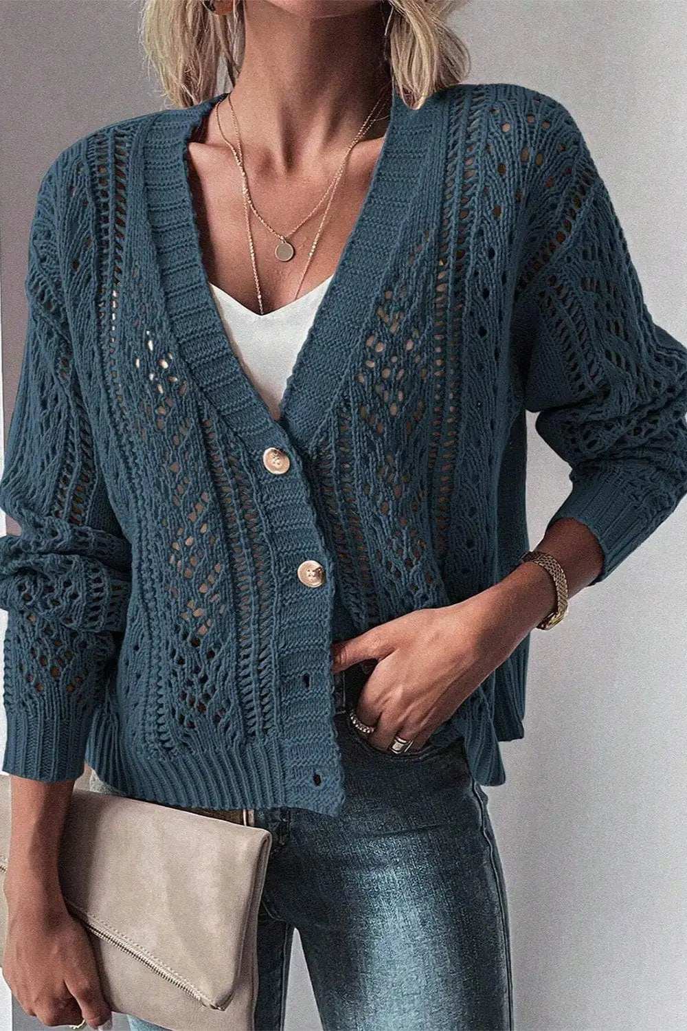 Openwork Button Up Long Sleeve Cardigan - Trendsi - Flyclothing LLC