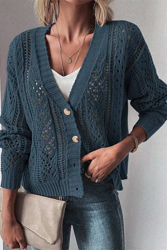 Openwork Button Up Long Sleeve Cardigan - Trendsi - Flyclothing LLC