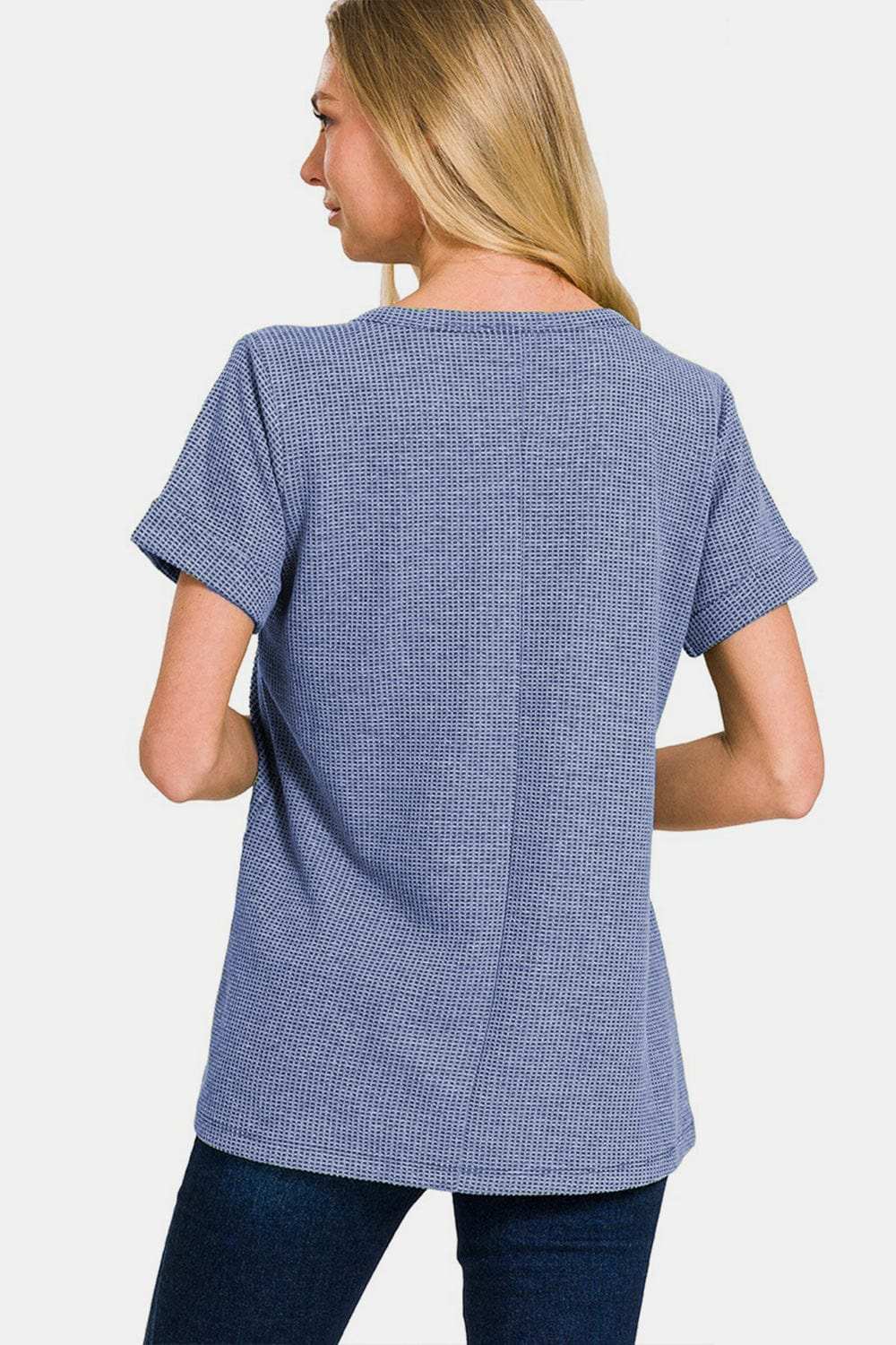 Zenana Notched Short Sleeve Waffle T-Shirt - Trendsi - Flyclothing LLC