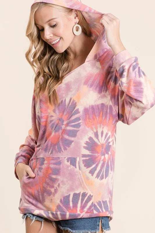 BiBi Circular Tie Dye Print Terry Hoodie with Kangaroo - Trendsi - Flyclothing LLC