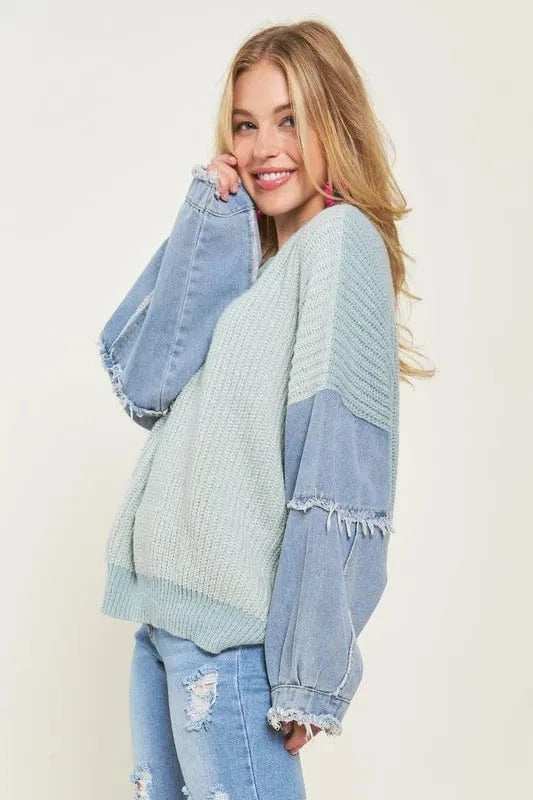ADORA Plus Size Frayed Denim Sleeve Sweater Top - Trendsi - Flyclothing LLC
