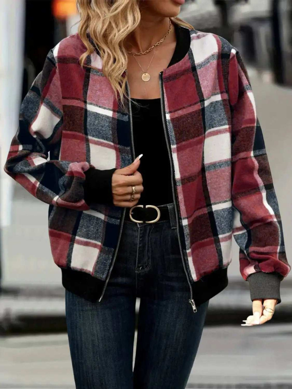 Plus Size Plaid Baseball Collar Zip Up Jacket - Trendsi - Flyclothing LLC
