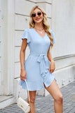 Tied Button Up Short Sleeve Mini Shirt Dress - Trendsi - Flyclothing LLC