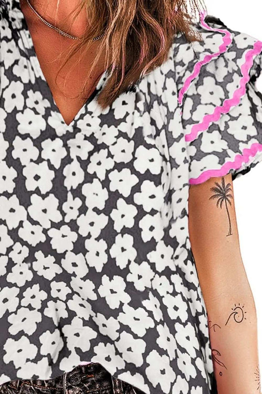 Printed V-Neck Flounce Sleeve Blouse - Trendsi - Flyclothing LLC