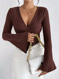 Ribbed Flare Sleeve Top - Trendsi - Flyclothing LLC