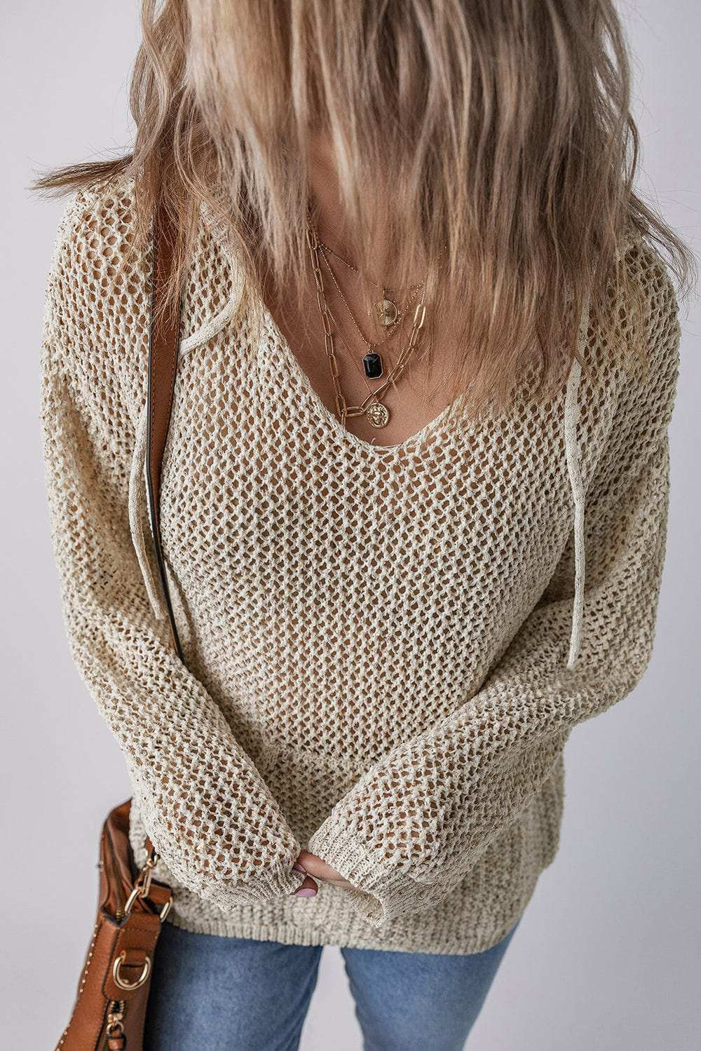 Openwork Dropped Shoulder Hooded Knit Top - Trendsi - Flyclothing LLC
