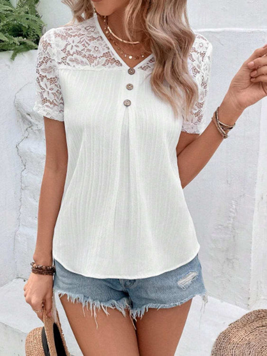 Lace V-Neck Short Sleeve Blouse - Trendsi - Flyclothing LLC