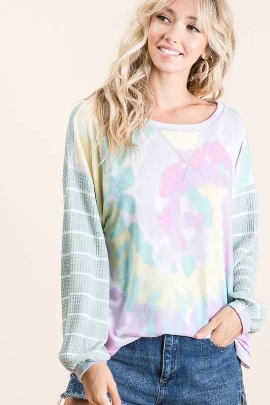 BiBi Tie Dye Terry Top with Wide Stripe Thermal Waffle - Trendsi - Flyclothing LLC