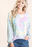 BiBi Tie Dye Terry Top with Wide Stripe Thermal Waffle - Trendsi - Flyclothing LLC