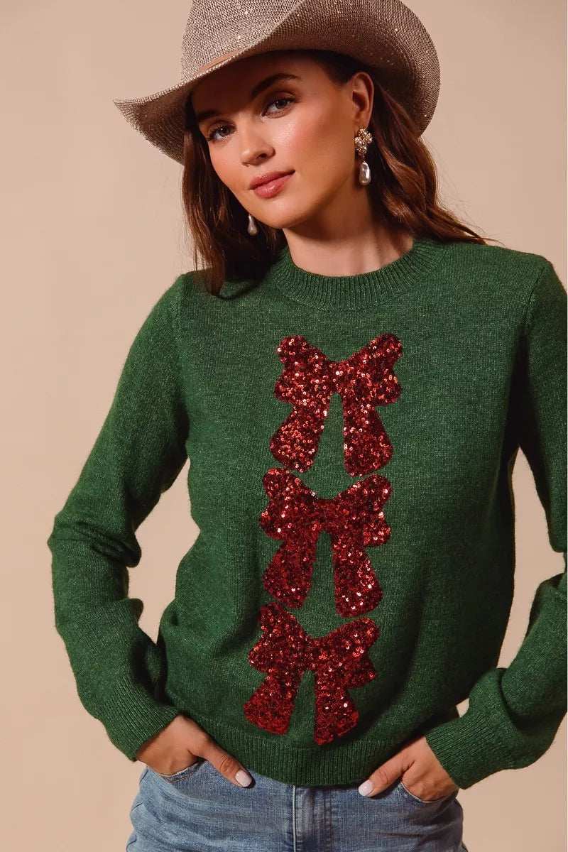 SO ME Sequins Bow Ribbon Embellished Christmas Sweater - Trendsi - Flyclothing LLC