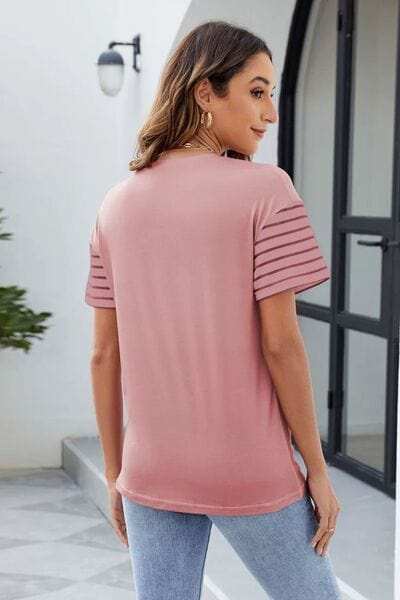 Color Block Round Neck Short Sleeve T-Shirt - Trendsi - Flyclothing LLC